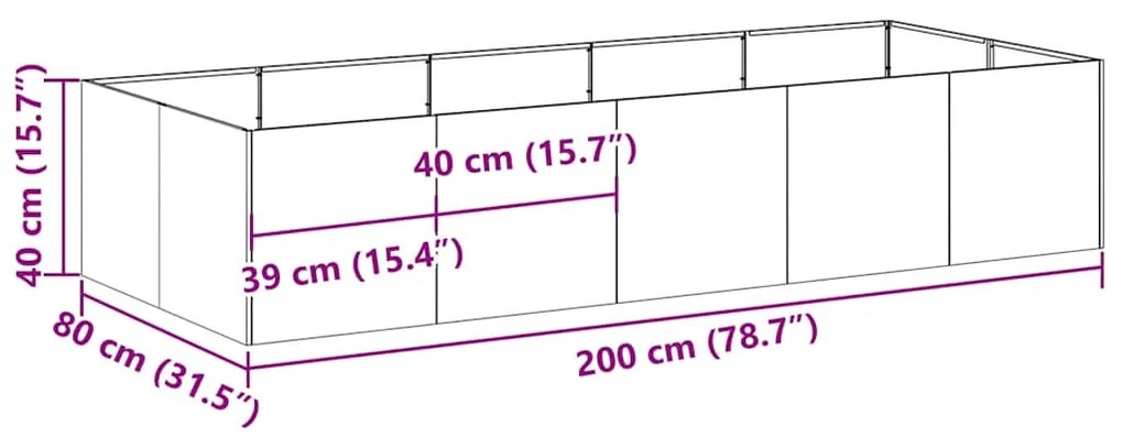 Vaso/floreira 200x80x40 cm aço preto