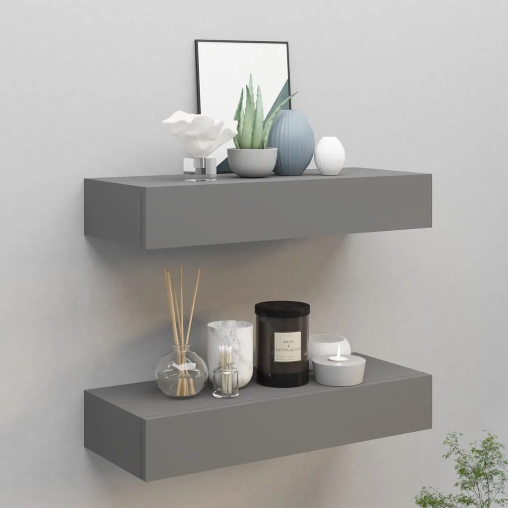 vidaXL Prateleiras de parede c/ gavetas 2pcs MDF 60x23,5x10cm cinzento