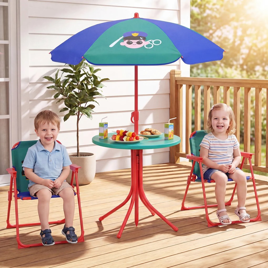 Conjunto de piquenique infantil de 4 peças com 2 cadeiras dobráveis e guarda-sol de altura ajustável para crianças dos 3 aos 6 anos, para jardim ou pá