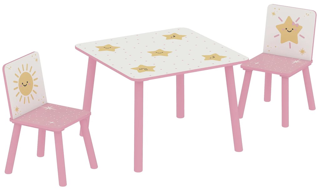 Mesa e Cadeiras para Crianças de 3 Peças Mesa Infantil com 2 Cadeiras em Madeira com Desenhos de Estrelas e Sol Rosa