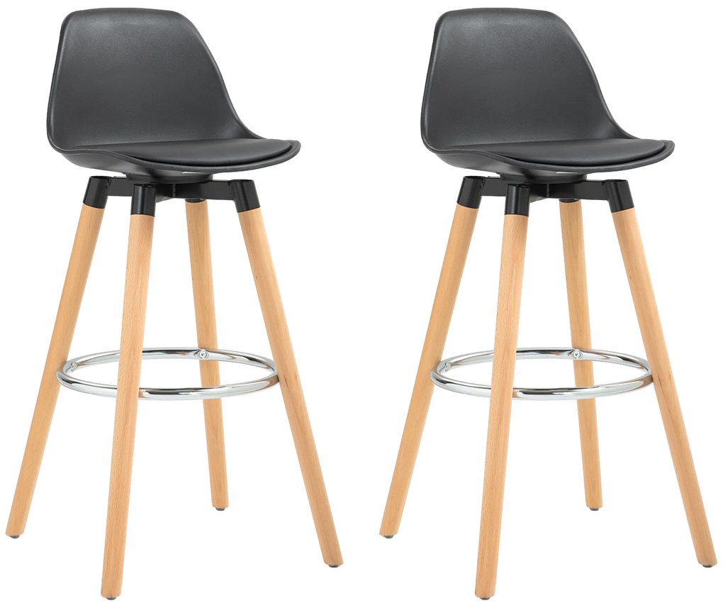HOMCOM Conjunto de 2 Bancos de Bar Estofado em PU Bancos Altos de Cozinha com Pés de Madeira 38,5x42,5x91 cm Preto