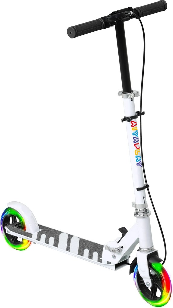 AIYAPLAY Trotinete Dobrável para Crianças de 3-8 Anos com Luzes LED Guiador com 4 Alturas Ajustáveis Travão Traseiro e de Mão 73x36x73-89 cm Branco | Aosom Portugal
