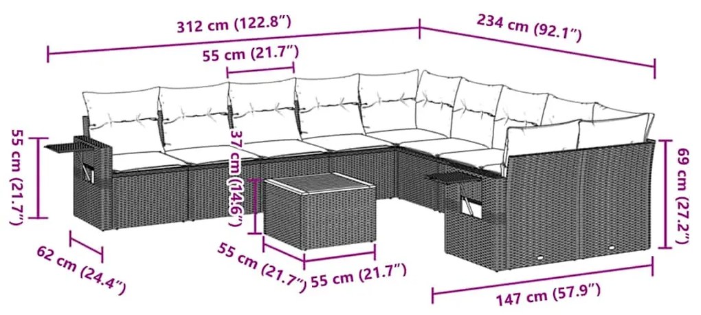 11 pcs conjunto sofás de jardim c/ almofadões vime PE preto