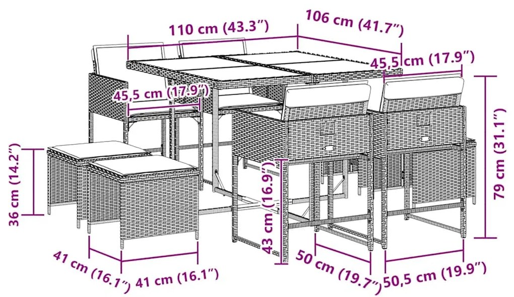 9 pcs conjunto de jantar p/ jardim c/ almofadões vime PE cinza
