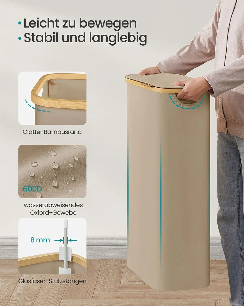 Cesto de roupa suja elegante de 65 L, 42 x 22,5 x 70,5 cm castanho camelo