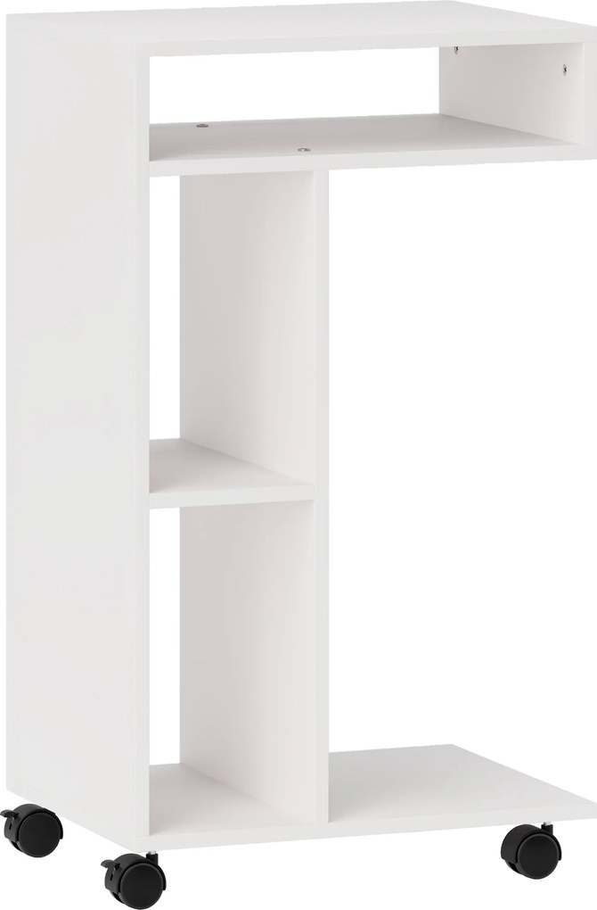 Mesa Auxiliar em Forma de C Mesa Auxiliar para Sofá com Rodas Compartimentos Abertos 40x30x69 cm Branco