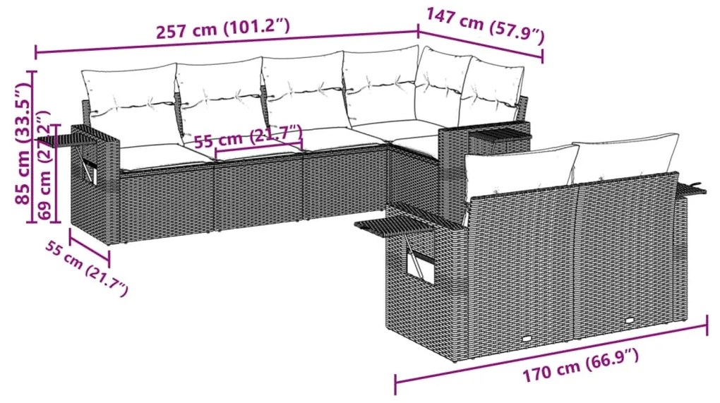 7 pcs conjunto de sofás p/ jardim com almofadões vime PE bege