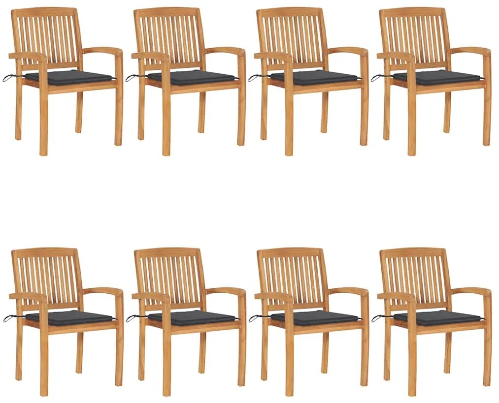 vidaXL Cadeiras de jardim empiháveis c/ almofadões 8 pcs teca maciça