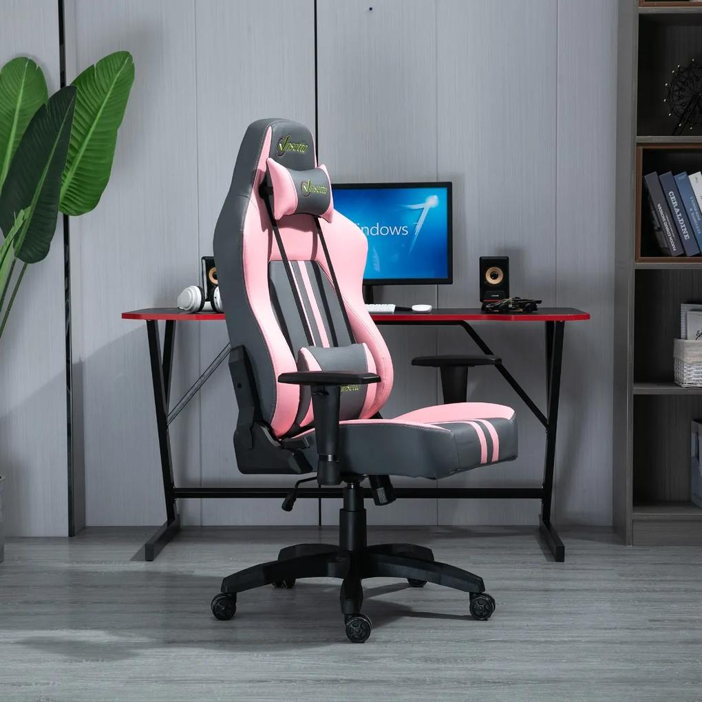 Vinsetto Cadeira gaming Ergonômico Reclinável Altura ajustável 71x58x125-133 cm Rosa e cinza