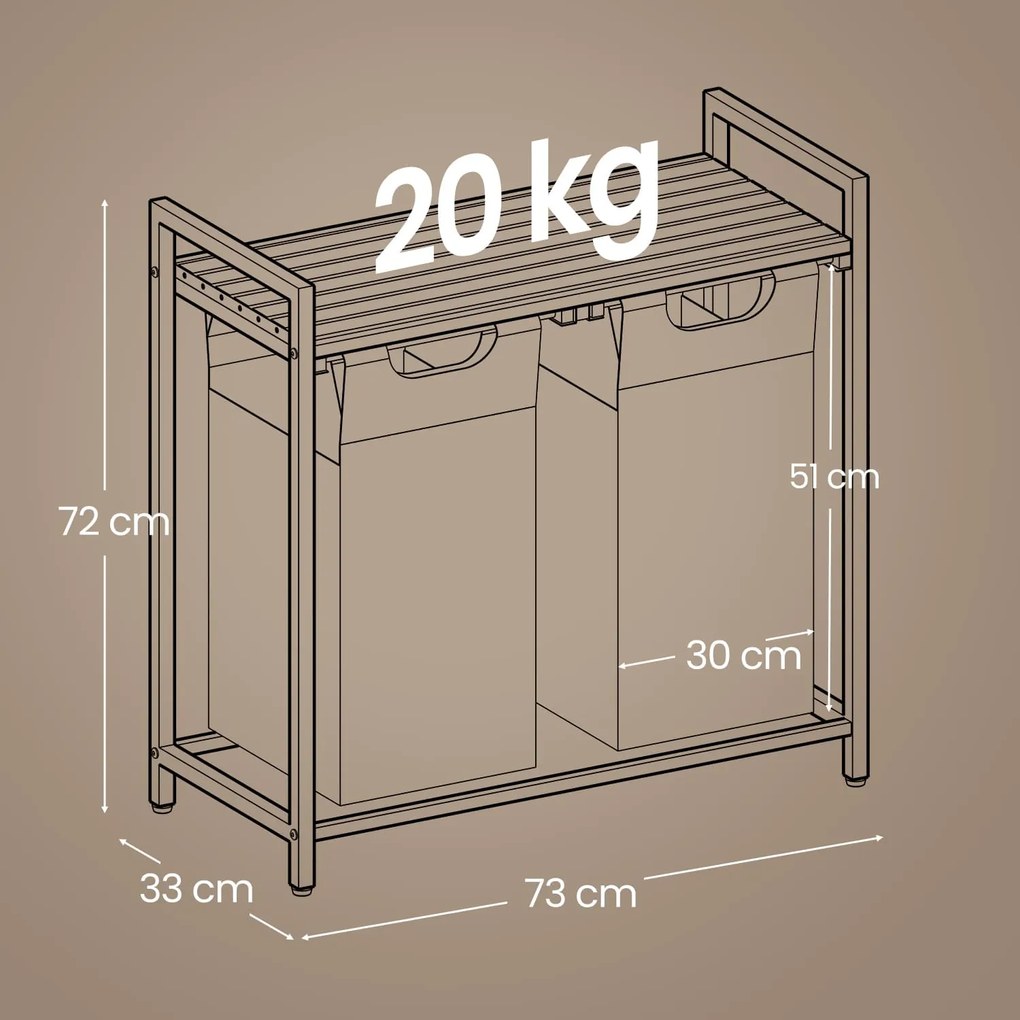 Cesto para roupa suja com 2 compartimentos e uma prateleira 73 x 33 x 72 cm castanho vintage + preto