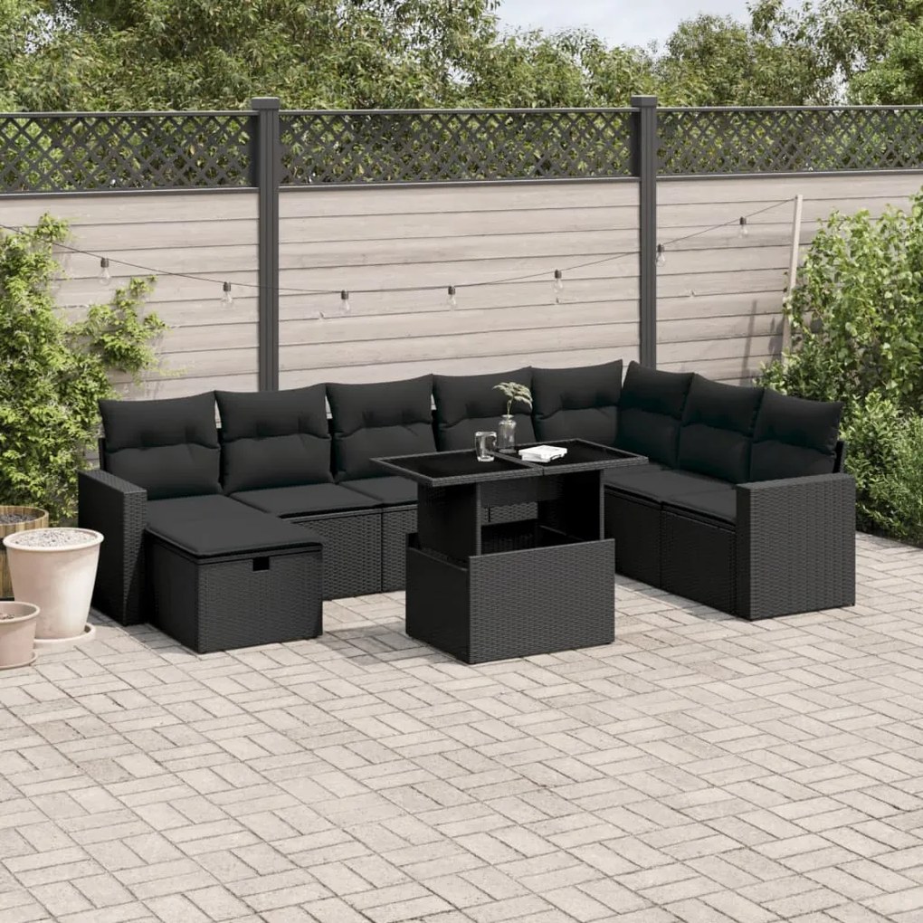 9 pcs conjunto de sofás p/ jardim c/ almofadões vime PE preto