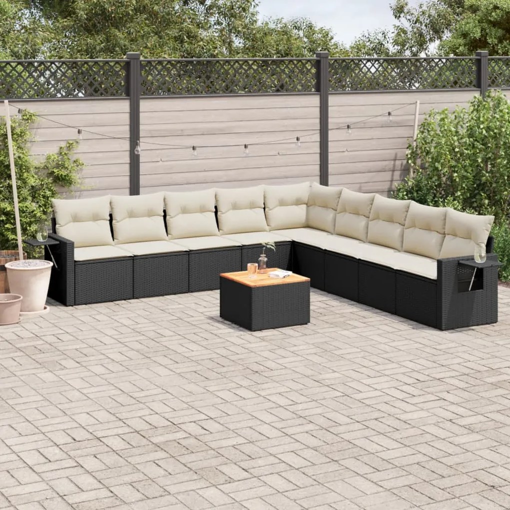 10 pcs conjunto sofás de jardim c/ almofadões vime PE preto