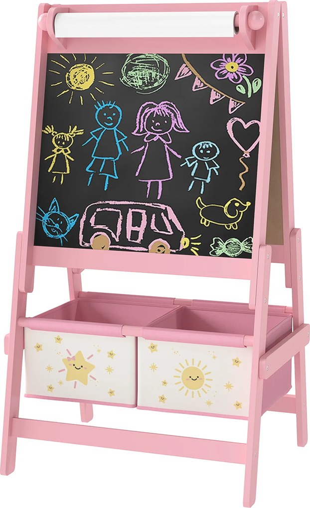 Quadro infantil 3 em 1: cavalete infantil de dupla face, quadro preto e branco, com rolo de papel, 54 x 46 x 94 cm, cor-de-rosa