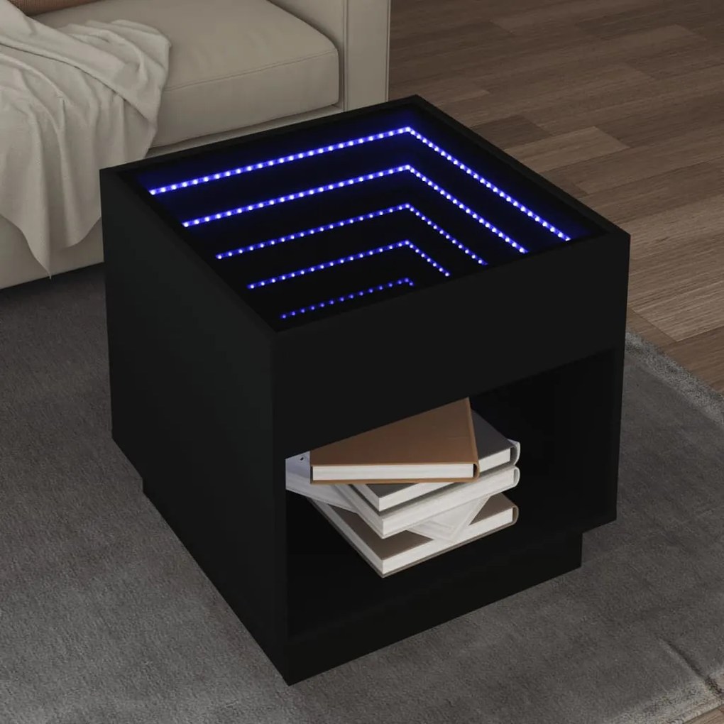 vidaXL Mesa de centro luzes LED Infinity 50x50x50 cm preto