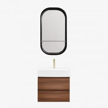 Conjunto De Móvel De Casa De Banho Em Madeira E Chapa De Freixo Com Lavatório Integrado Ona Madeira Escura & Oval Com Prateleira Preto - Sklum