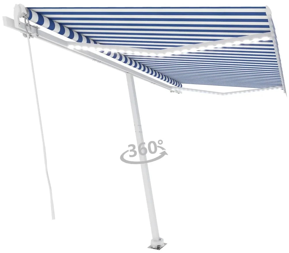Toldo retrátil manual com LED 450x300 cm azul e branco