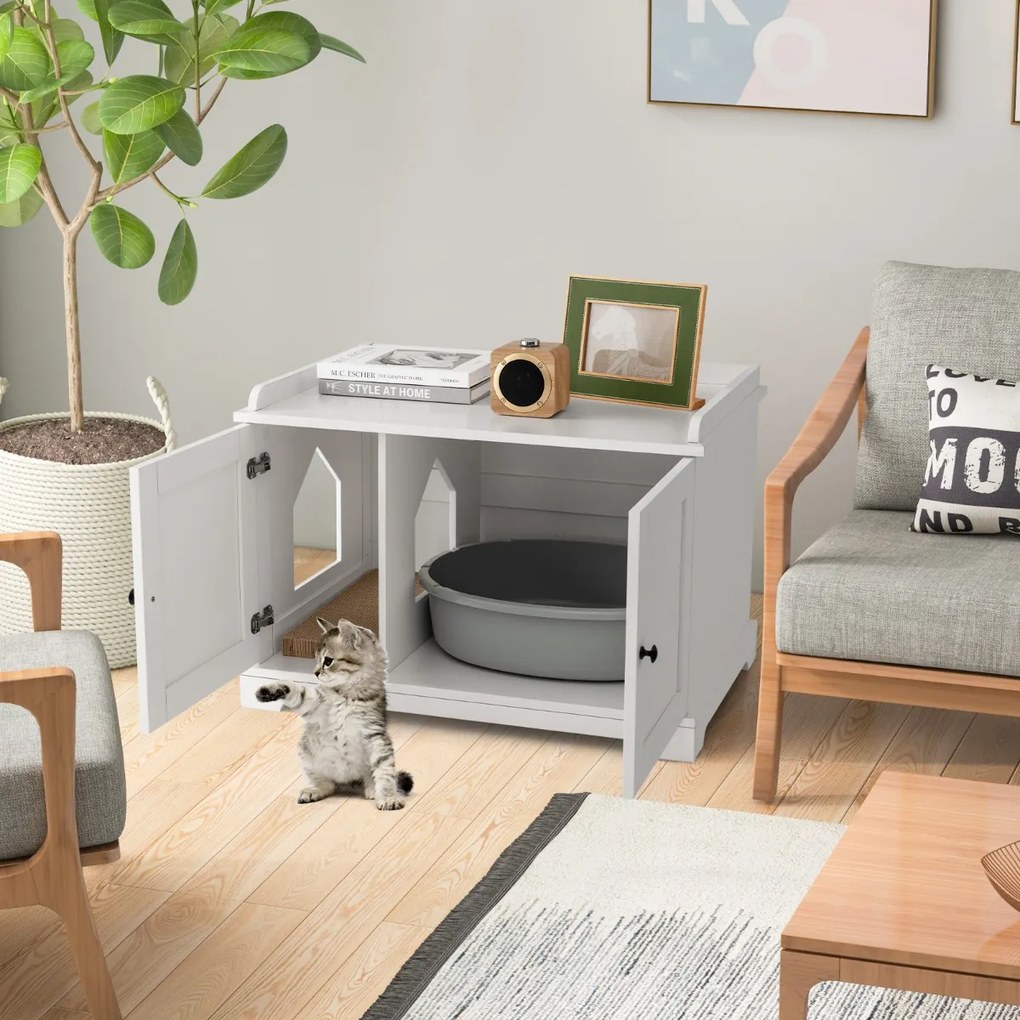 Mesa auxiliar para caixa areia gatos (NÂO INCLUIDA) 75 x 51 x 53 cm com divisória ajustável e tabuleiro para arranhar Branca