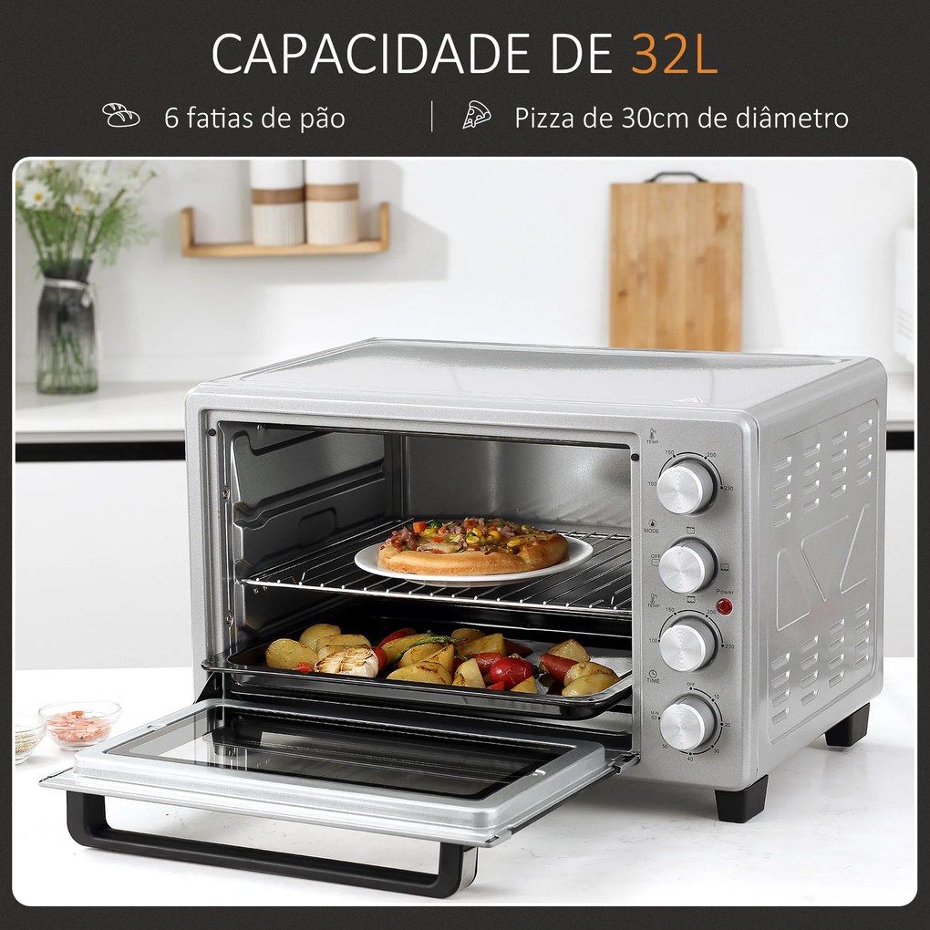 Mini Forno 32L 16000 com 3 Modos de Aquecimento Temperatura até 230 °C Temporizador 52,2x38,1x33,5 cm Prata