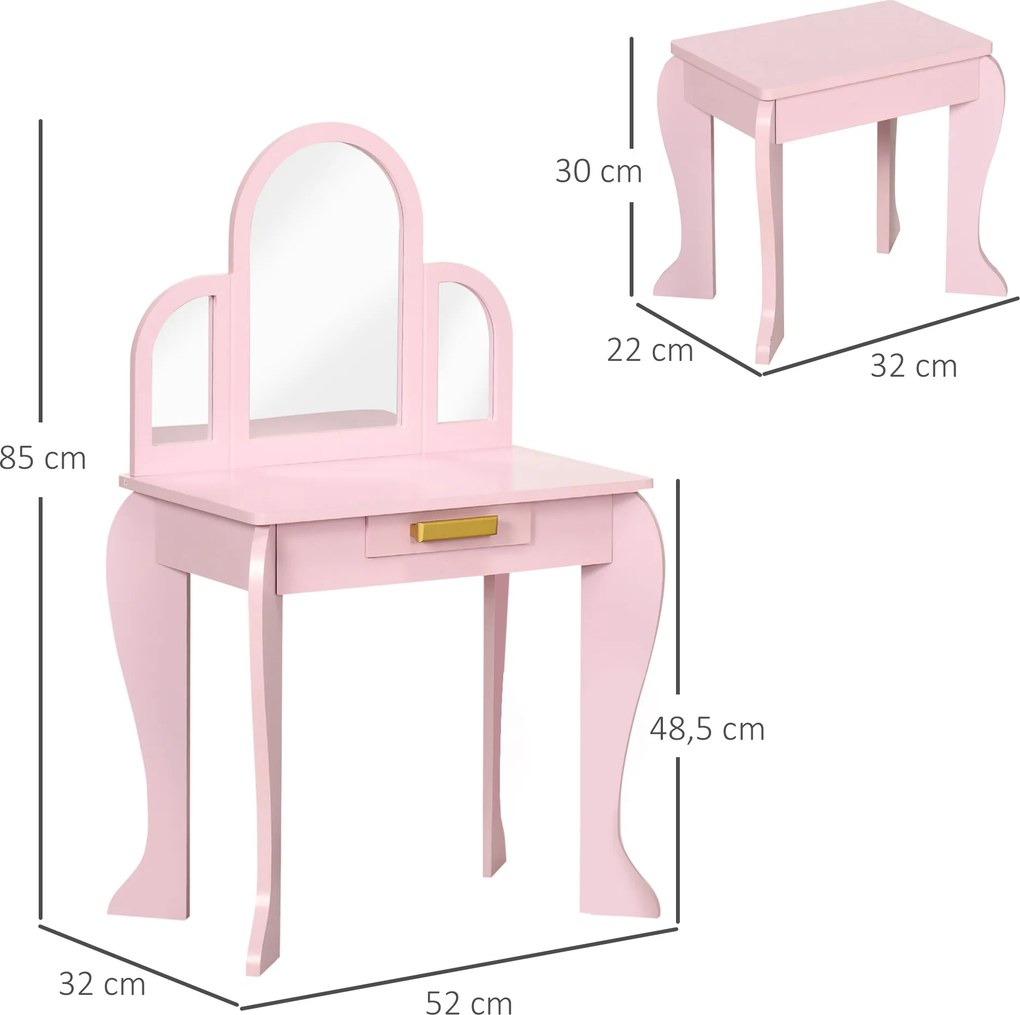 Toucador para Crianças com Espelho e Banco Toucador de Maquilhagem para Crianças de 3 a 6 Anos 52x32x85 cm Rosa