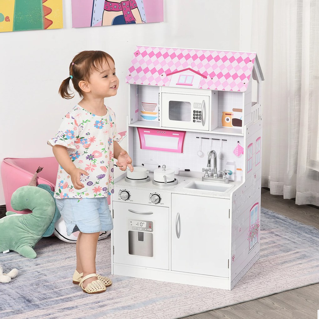 HOMCOM 2 em 1 binquedo de cozinha Casa de bonecas 3 andares com 12 acessórios incluidos para crianças acima de 3 anos 60x 48x 106 cm rosa
