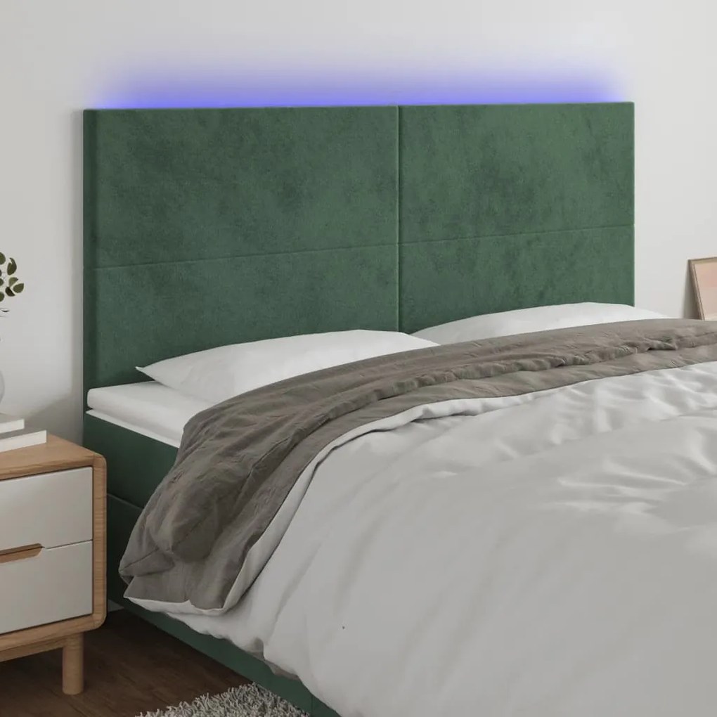 Cabeceira de cama c/ LED veludo 160x5x118/128 cm verde-escuro