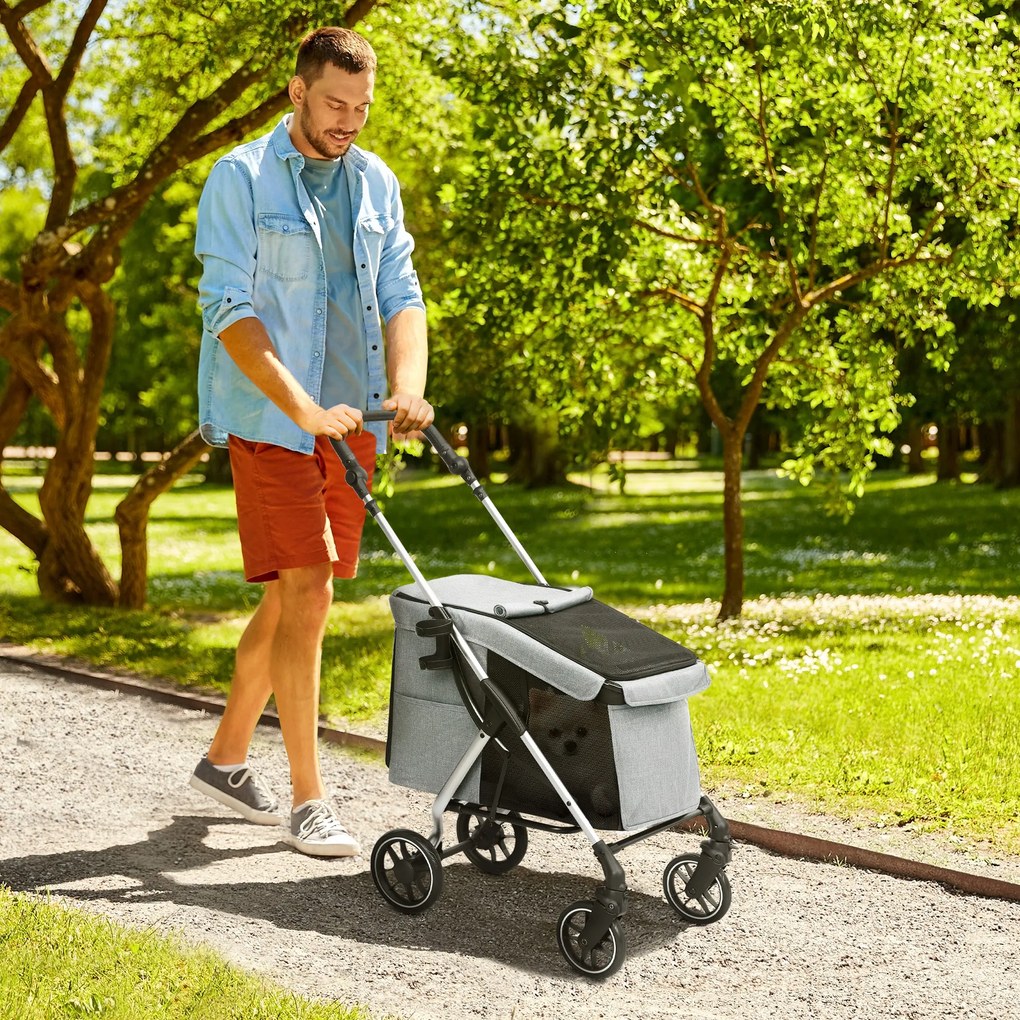 Carrinho para Cães Dobrável com Correia de Segurança Almofada Lavável e Janelas 80x48,5x106 cm Cinzento Claro