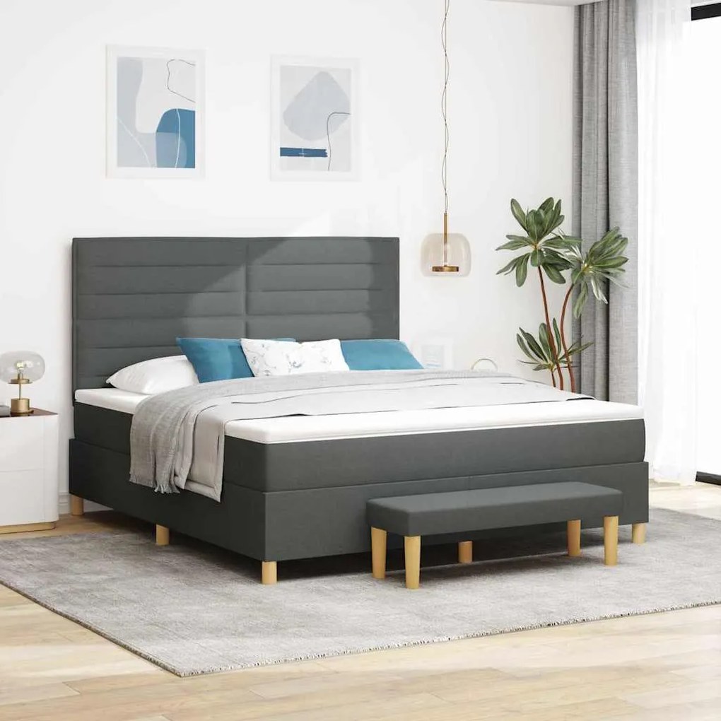 Cama Box com Colchão e Banco Cinza Escuro 180x200 cm Tecido