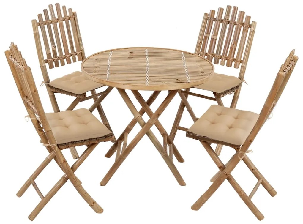 5 pcs conj. de jantar dobrável c/ almofadões p/ exterior bambu