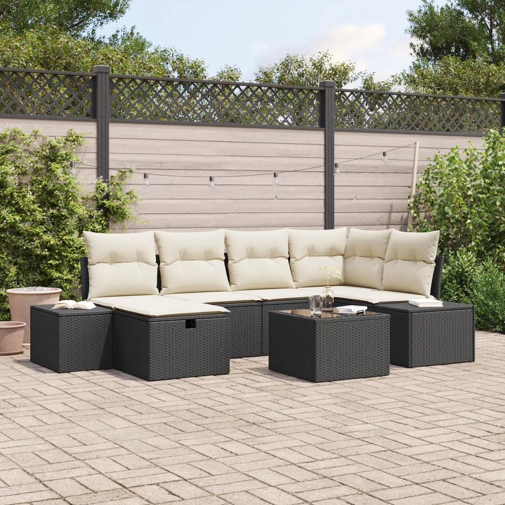 Conjunto de Sofás de Jardim com Almofadas de 7 Peças Preto de Rattan S