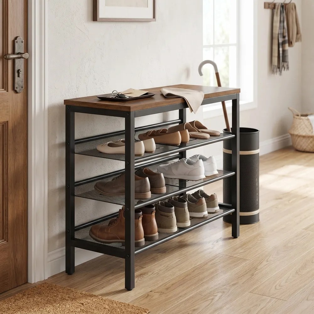 Sapateira com 3 níveis em estilo industrial 28 x 75 x 50 cm castanho-escuro e preto
