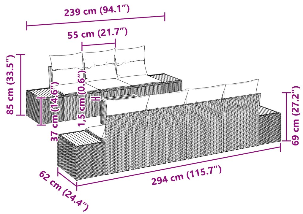 Conjunto de Sofá para Jardim vidaXL com Almofadas Bege Rattan Acácia