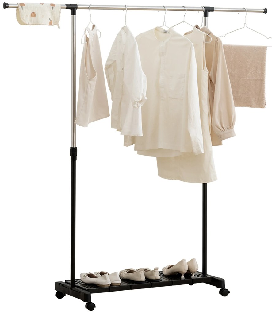 Guarda Roupa com Rodas com Barra de Aço Inoxidável e Prateleira para Sapatos Altura Ajustável 94-159x42x93-168 cm Preto