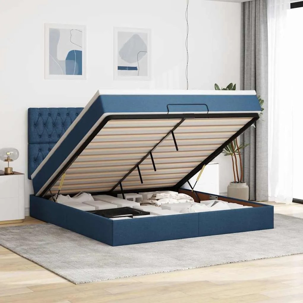 vidaXL Estrutura de cama otomana com colchão 160x200 cm tecido azul