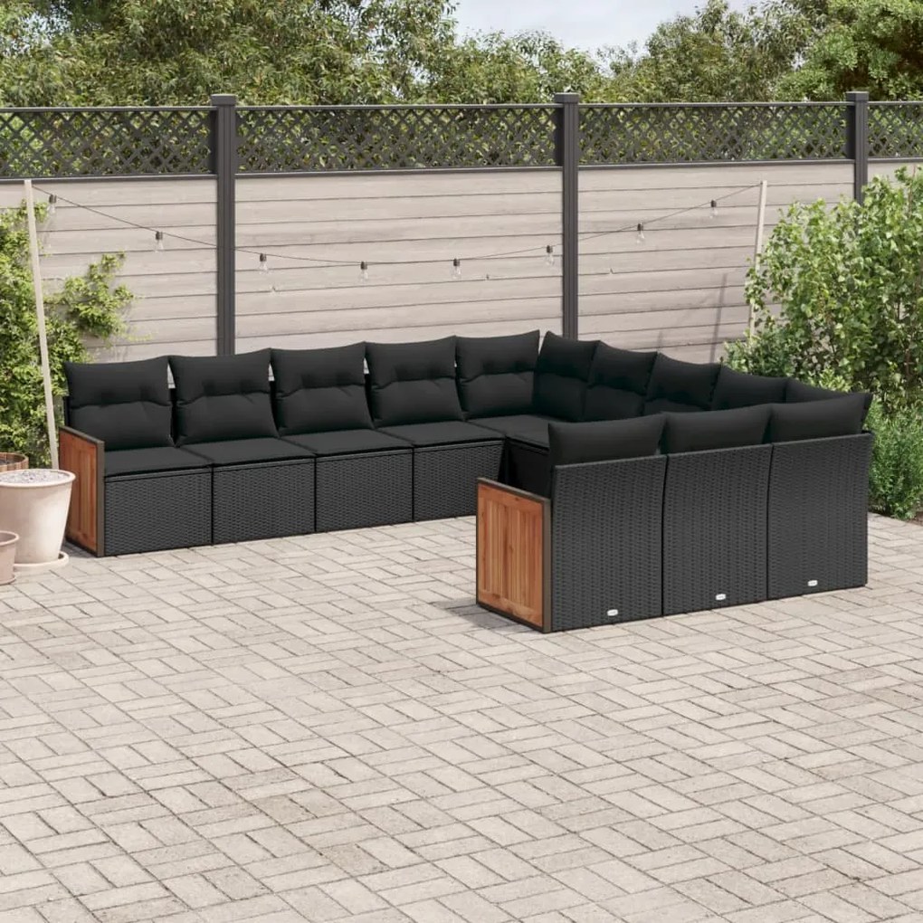 11 pcs conjunto sofás de jardim c/ almofadões vime PE preto