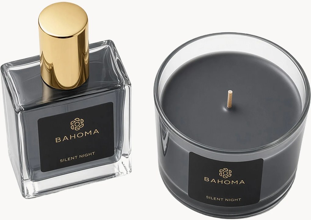 Ambientador em spray e vela perfumada Silent Night, conjunto de 2 (tangerina, noz-moscada, louro)
