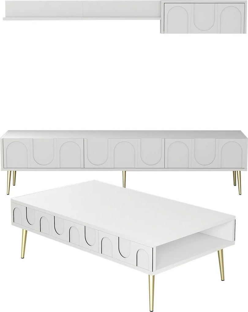 Conjunto de Mobiliário de Sala de Estar Lyon – Branco/Dourado – TV Uni