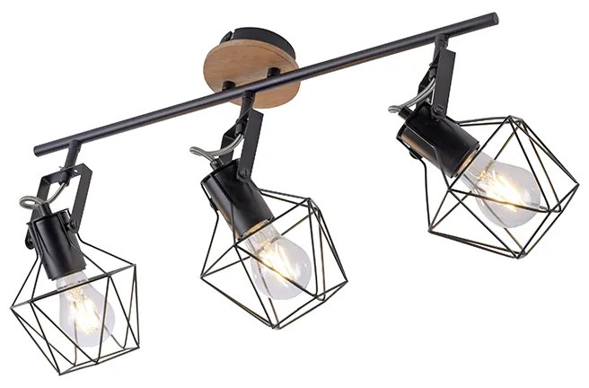 Luminária Industrial Preto com Madeira 3 Luzes - Sven Industrial
