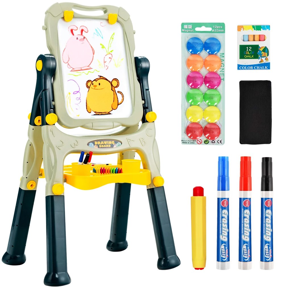 Quadro Branco Infantil Magnético de Dupla Face Altura Ajustável Quadro Branco com Acessórios Verde
