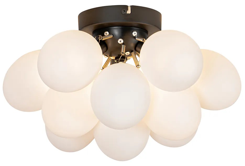 Candeeiro de teto Art Deco preto com vidro opalino 3 luzes - Uvas