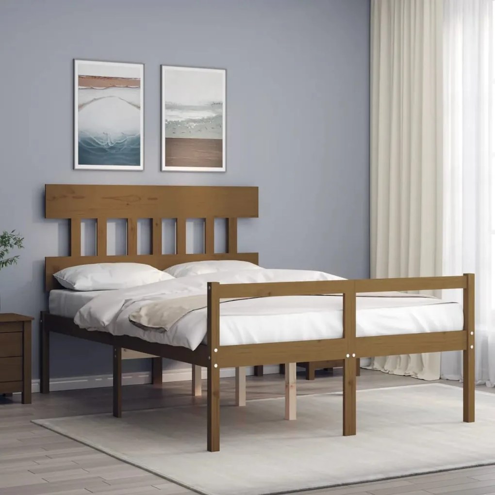 Estrutura de cama dupla pequena 4FT madeira maciça castanho-mel