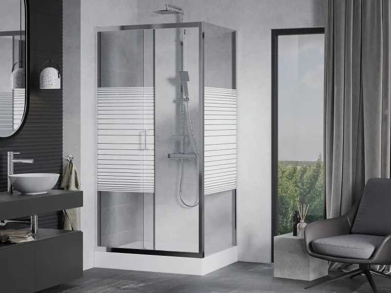 Mexen Apia cabine de duche deslizante 100 x 80 cm, faixas brancas, cromado + base de duche Rio - 840-100-080-01-20-4510