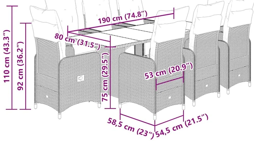 9 pcs conjunto bistrô de jardim c/ almofadões vime PE castanho
