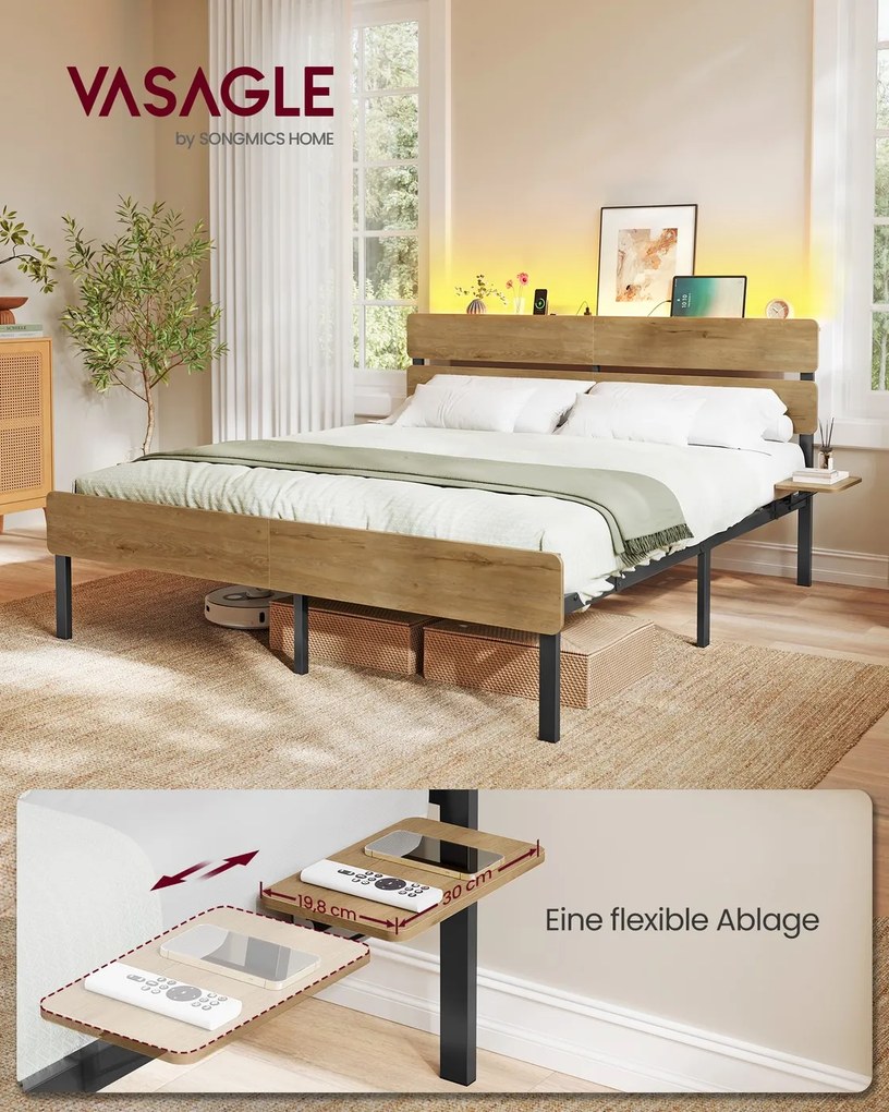 Estrutura de cama de casal 160 x 200 cm com iluminação (COLCHÃO NÃO INCLUIDO), castanho natural