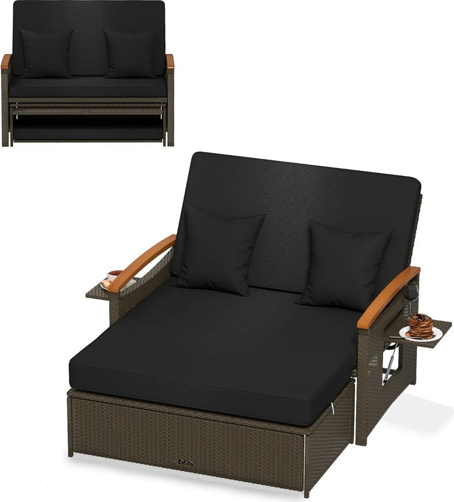 Sofá-cama de rattan para exterior com apoio para os pés com arrumação Encosto ajustável em 4 níveis e tabuleiros laterais retrácteis Castanho/preto