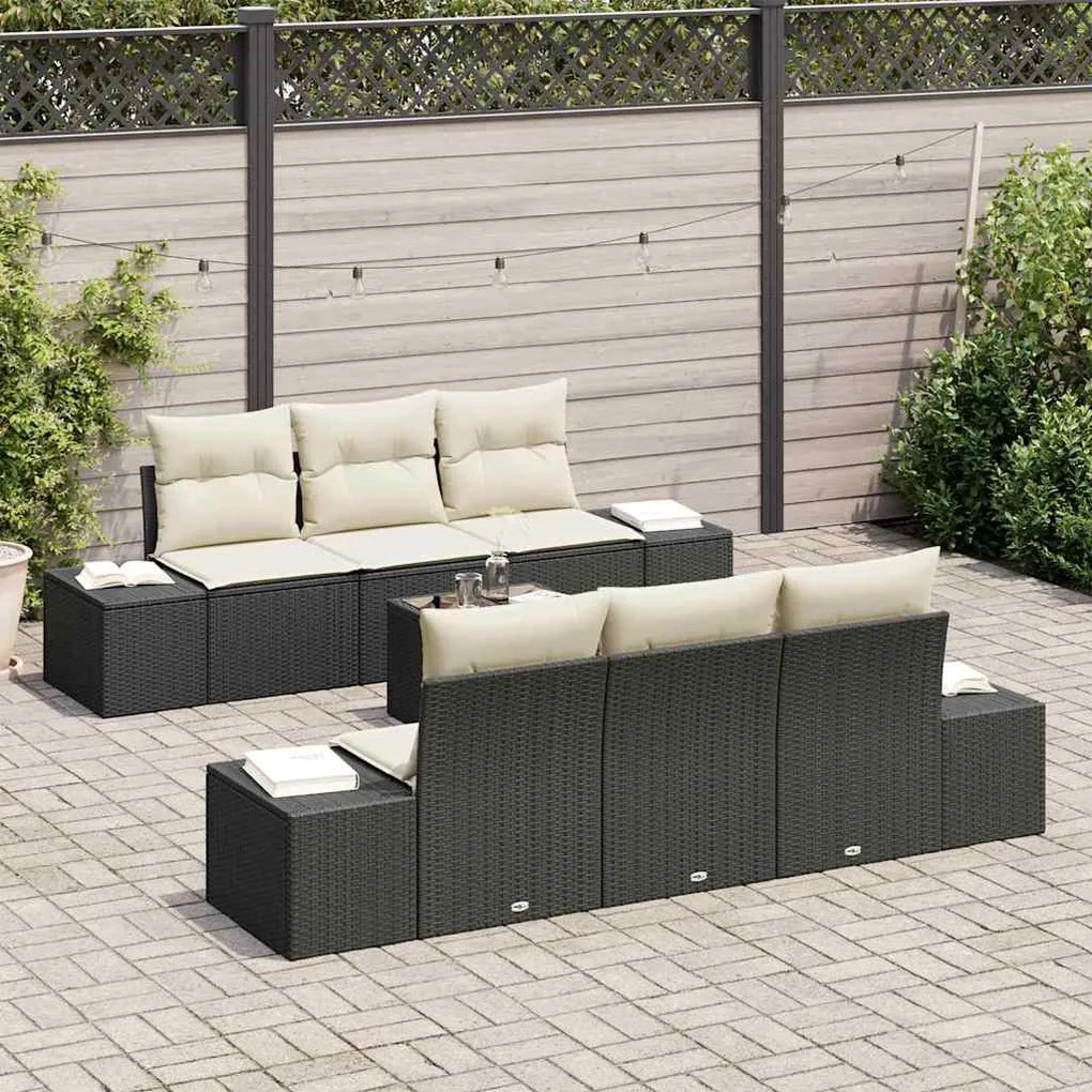 Conjunto de Sofá de Jardim com 7 Peças e Almofadas Pretas em Rattan Si