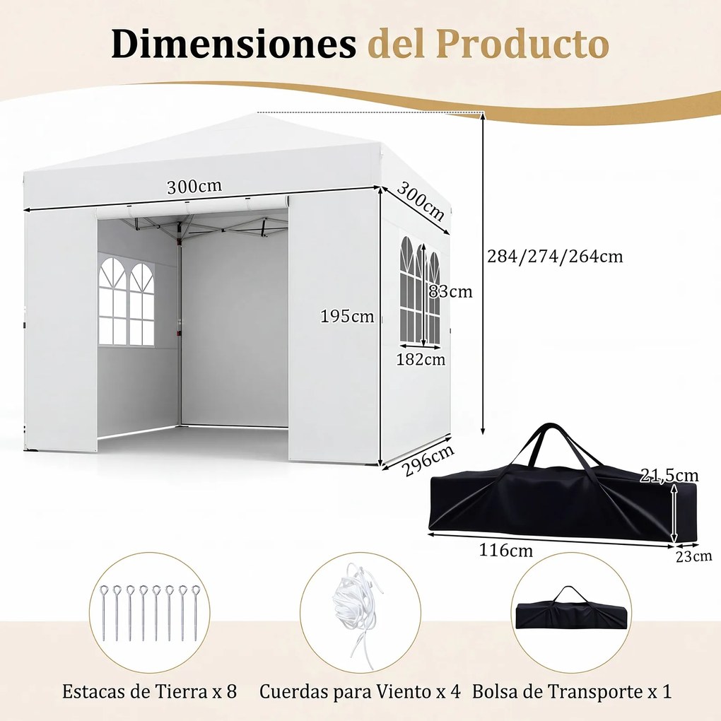 Tenda de Jardim Dobrável feiras, eventos, festas, 300 x 300 x 284 cm, 4 Paredes Removíveis, Branco