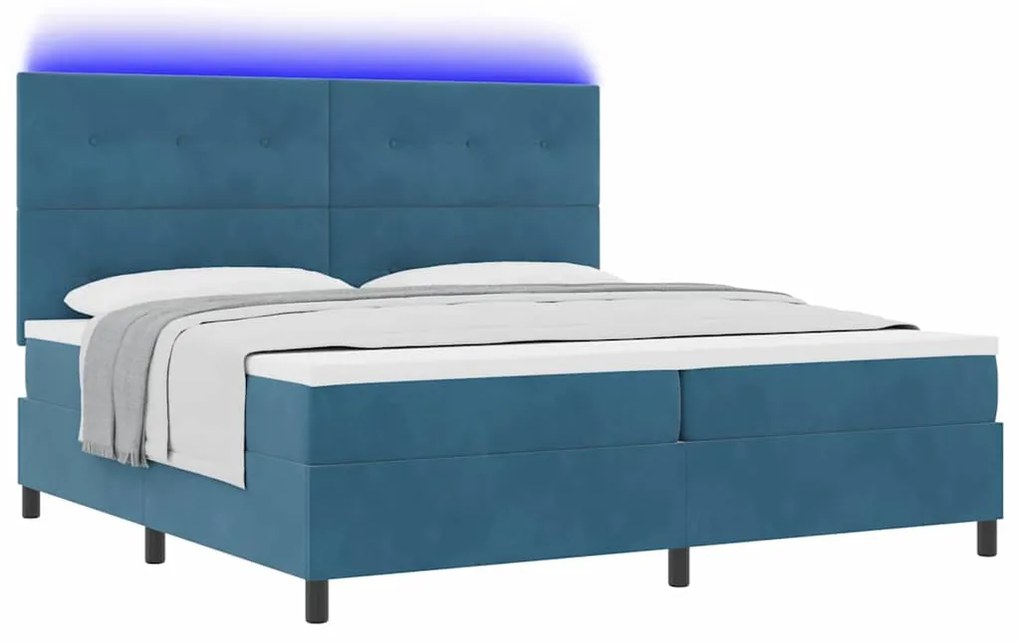 Cama Box com Colchão e LED Azul Escuro 200x200 cm Veludo
