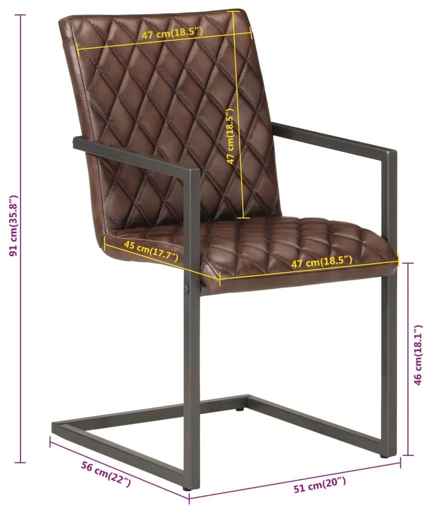 Cadeiras de jantar cantilever 2 pcs couro genuíno castanho
