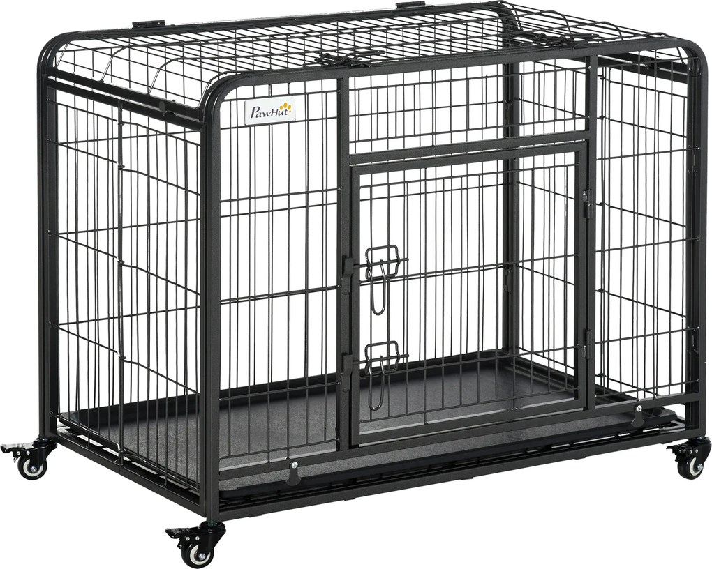 Gaiola dobrável para cães 94x 58 x 69,5 cm, gaiola de transporte com Rodas, 2 portas com fecho, tabuleiro removível metal cinzento-preto