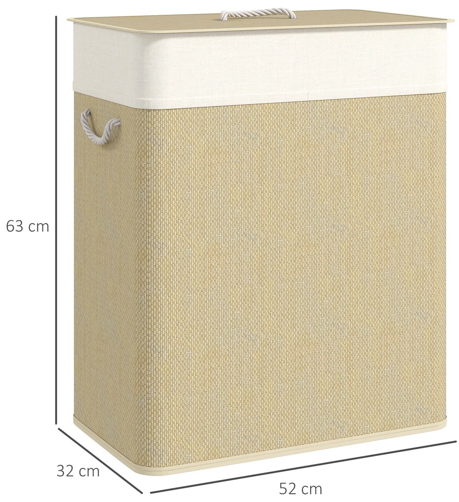 Cesto de Roupa com Tampa 100L de Bambu com 2 Compartimentos Bolsa Interior Amóvivel 52x32x63 cm Bege e Creme